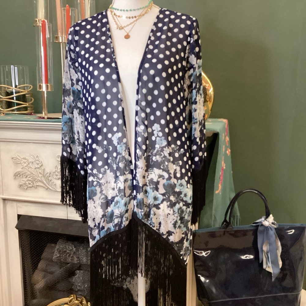 Umgee Navy and White Polka Dot Kimono‎